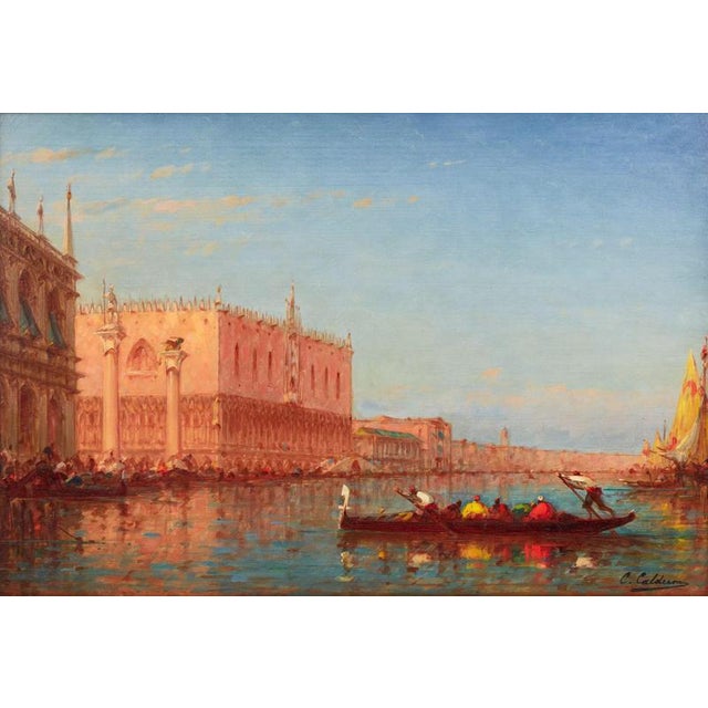 Wood Charles-Clément Calderon, View of the Doges Palace and St Marks Square in Venice, 1870, Oil on Panel, Framed For Sale - Image 7 of 8