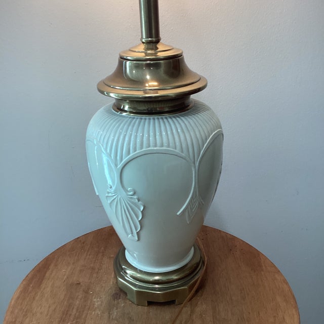 Cream Vintage Large Ivory Porcelain Embossed Leaf Design & Brass Lamp Footed Base by Ethan Allen For Sale - Image 8 of 12