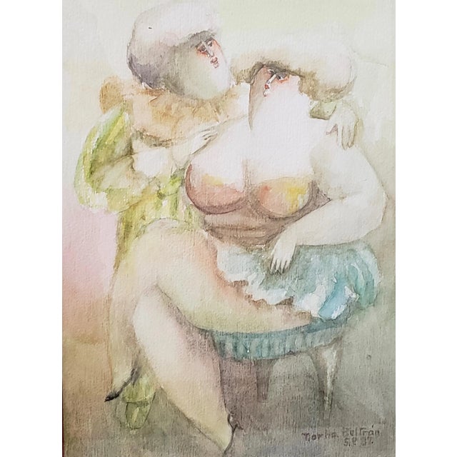 Norha Beltran (Bolivia, 20th c.) "Two Women" Original Watercolor c.1980s Original watercolor on paper. Dimensions 10.5" x...