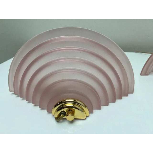 Stepped Glass Salmon Pink and Brass Glass Wall Lamps, 1980s, Set of 2 For Sale - Image 6 of 12