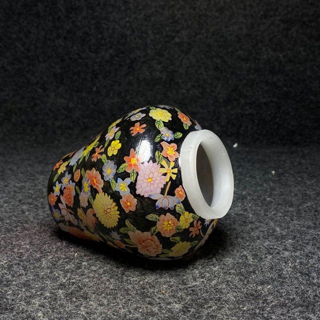 Hand Painted Liuli Glass Lidded General Jar, Black Ground Multi-Colored Floral Pattern, Chinoiserie Ginger Jar For Sale - Image 4 of 9