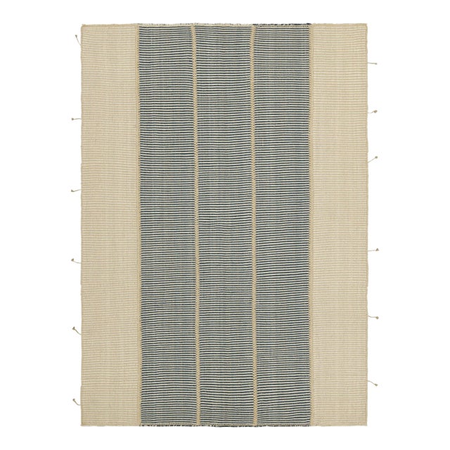 Rug & Kilim’s Contemporary Kilim in Beige and Blue Textural Stripes For Sale