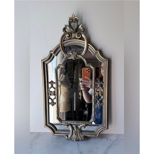 Ornate Antique-Style Florentine Gold Silver Wall Mirror 22.5”x 13” Italy For Sale - Image 12 of 12