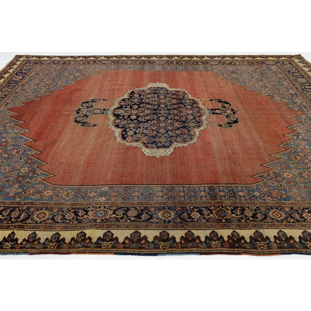 Textile Antique Bidjar Style Wool Rug in Terracotta & Indigo, Hand-Knotted Medallion For Sale - Image 7 of 12