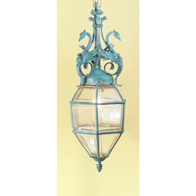 Rustic European Antique Neoclassical Bronze Hanging Lantern / Pendent With Ornate Swan Motif For Sale - Image 3 of 17