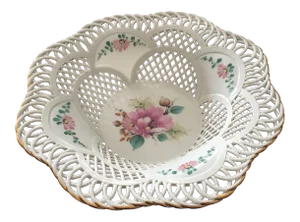 Sumi Romania Reticulated White Porcelain Bowl With Hand Painted Flowers