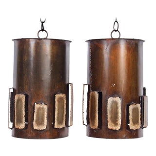 Harry Balmer Style Brutalist Bronzed Brass Torch Cut Vented Pendants - A Pair For Sale