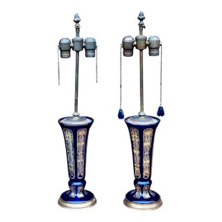 Pair Continental Parcel Gilt Cobalt Glass Vases Mounted as Lamps, Circa 1880s For Sale