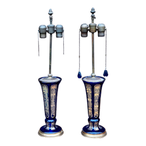 Pair Continental Parcel Gilt Cobalt Glass Vases Mounted as Lamps, Circa 1880s