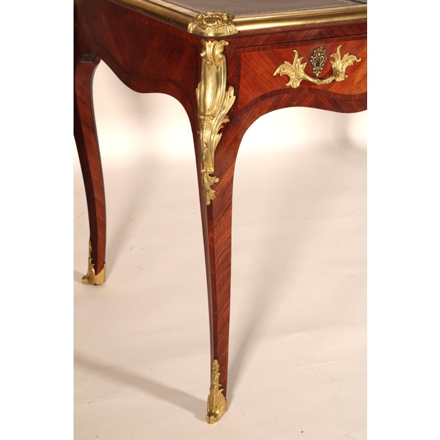 Brown Antique Louis XV Style King Wood and Tulip Wood Bronze Mounted Leather Top Desk For Sale - Image 8 of 12