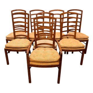 Vintage Drexel Heritage Accolade II Collection Campaign Style Walnut Ladder Back Dining Chairs - Set of 8 For Sale