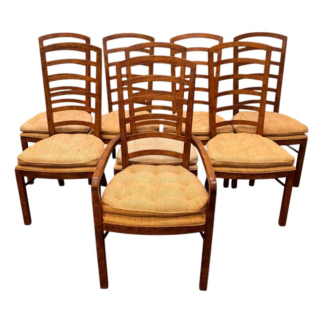Vintage Drexel Heritage Accolade II Collection Campaign Style Walnut Ladder Back Dining Chairs - Set of 8 For Sale