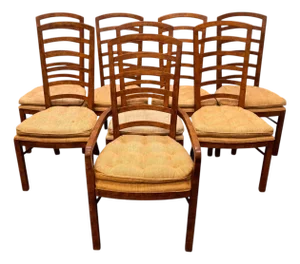 Vintage Drexel Heritage Accolade II Collection Campaign Style Walnut Ladder Back Dining Chairs - Set of 8