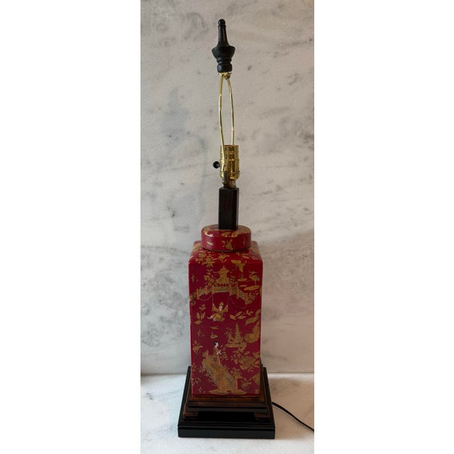 Vintage Chinoiserie ceramic tea caddy table lamp featuring unique hand painted red and gold traditional motifs and figures...