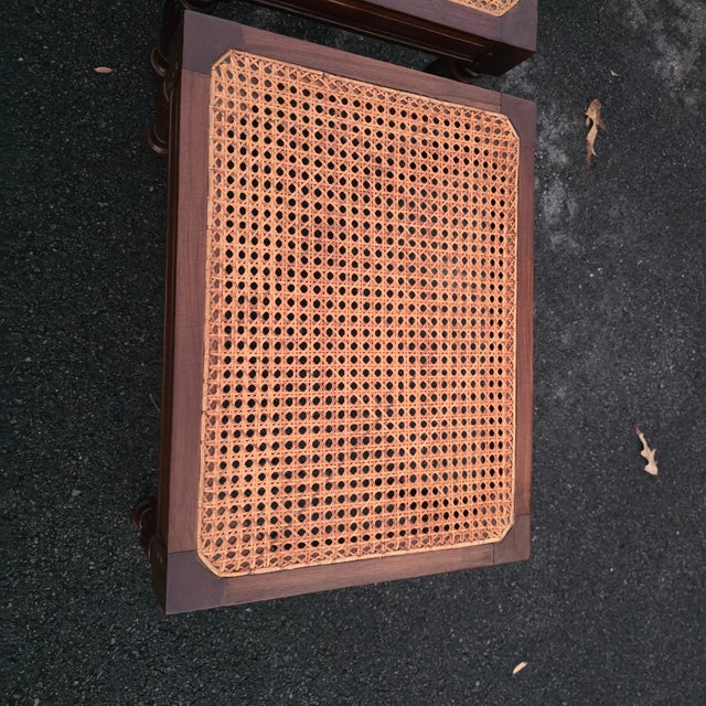 Pair of Vintage British Colonial-Style Hand-Caned Benches / Low Tables For Sale - Image 12 of 12