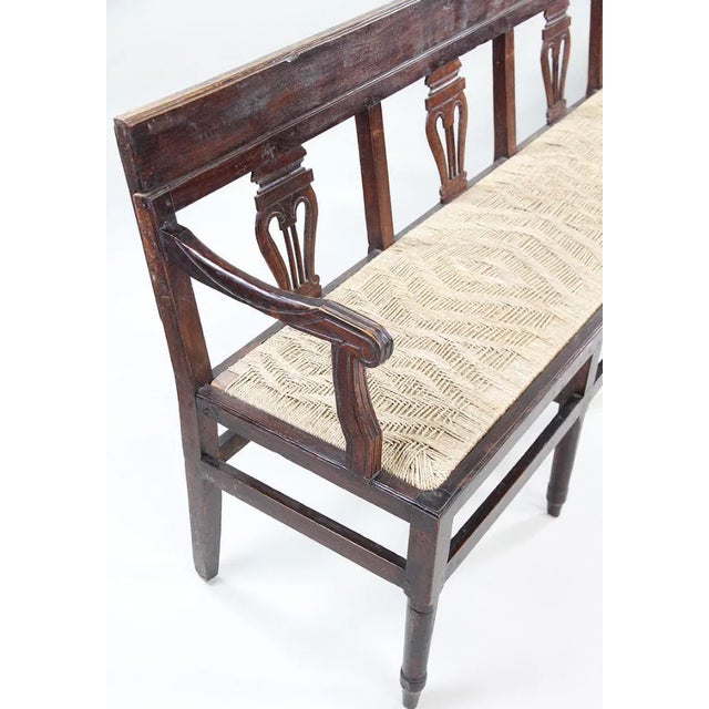 Antique Neoclassical Carved Lyre-Back Hall Bench With Rush Seat | Five-Seat Dining or Entry Bench For Sale - Image 11 of 12