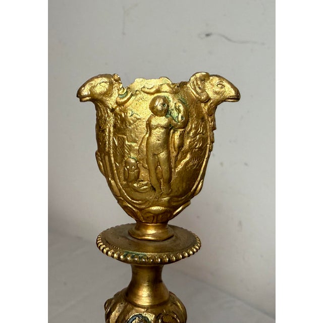 Metal Pair Antique Ornate 1800's Gilt Bronze French Figural Candlestick Candle Holders For Sale - Image 7 of 13