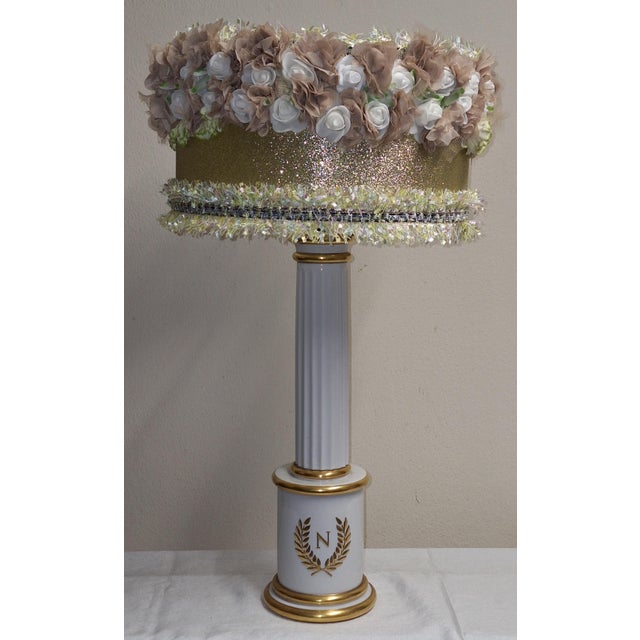 Vintage Table Lamp with White Porcelain Base by Porcelaine De Bruxelles and Fabric Shade by Lamplove, in Very Good...