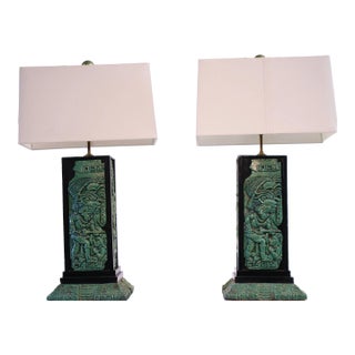 Vintage Original Zarebski Mid-Century Aztec Mayan Malachite Lamps, Mexico - a Pair For Sale