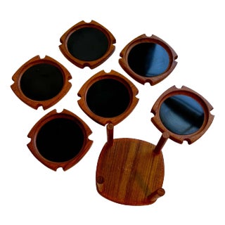 Teak Coaster Set with Holder, 1970s - Set of 7 For Sale