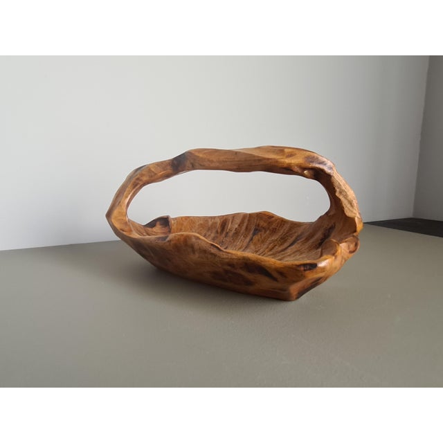 Vintage Brutalist French Hand Carved Wood Basket Bowl Organic Centerpiece, 1950 For Sale - Image 9 of 10