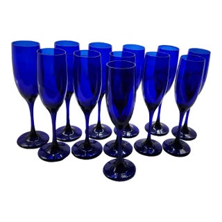 Set of 12- Deep Cobalt Blue Wine Glasses/Flutes For Sale