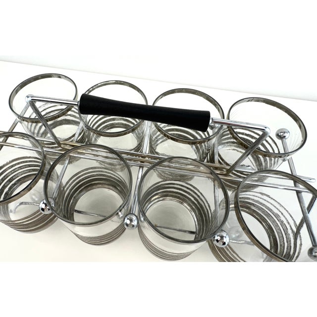 Metal 1960s Mid-Century Modern Silver Rim Cocktail Glasses With Chrome Carrier - Set of 8 For Sale - Image 7 of 10