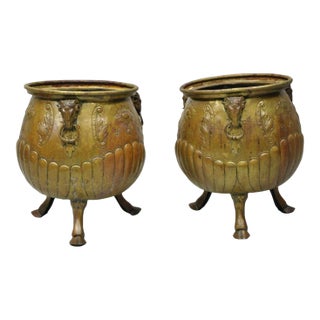 Antique French Regency Neoclassical Rams Head Copper Planter Pot - a Pair For Sale