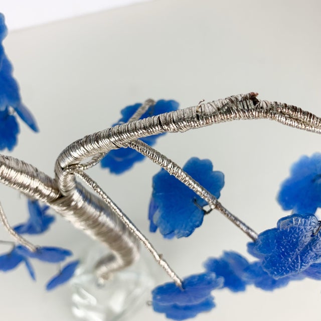 Mid-Century Modern Vintage MCM Large Whimsy Tree Sculpture Art Blue Glass Leaves & Base With Wire For Sale - Image 3 of 9