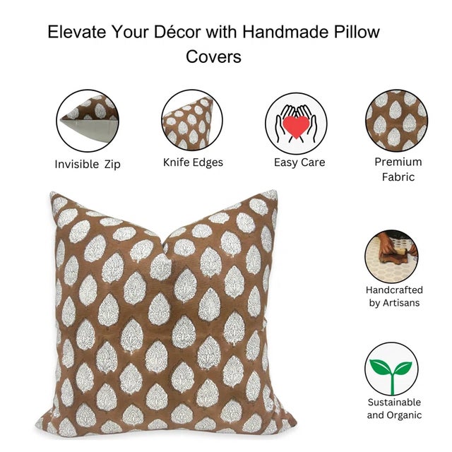 Fabdivin Block Print Cushion Cover 14x20 Inch Thick Cotton White-Betal Leaf For Sale - Image 4 of 4