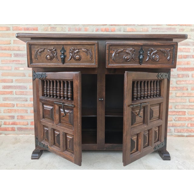 20th Century Spanish Carved Dark Walnut Tuscan Two Drawers Credenza or Buffet For Sale - Image 4 of 13