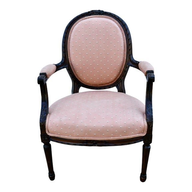 Carved Wood Bergere Chair Louis XVI Style Medallion Oval Back Pink Fabric 50s For Sale