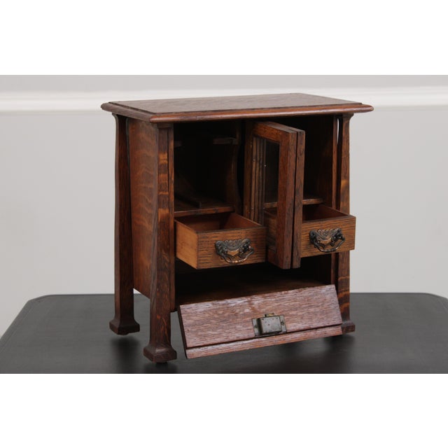 1900 - 1909 Antique Arts & Crafts Diminutive Mission Oak Smoking Cabinet For Sale - Image 5 of 13