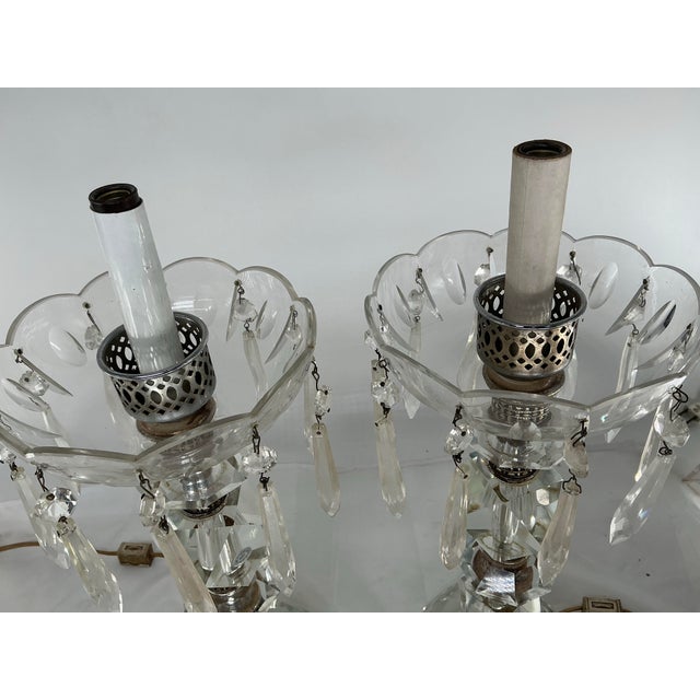 1940s Pair of Vintage Hurricane Cut Crystal Table Lamps For Sale - Image 5 of 12