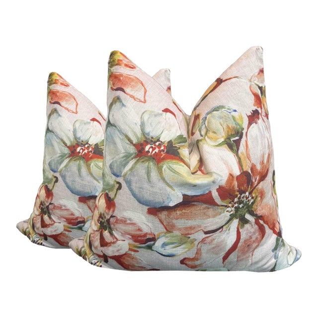 Impressionist Floral Linen Pillows - A Pair For Sale