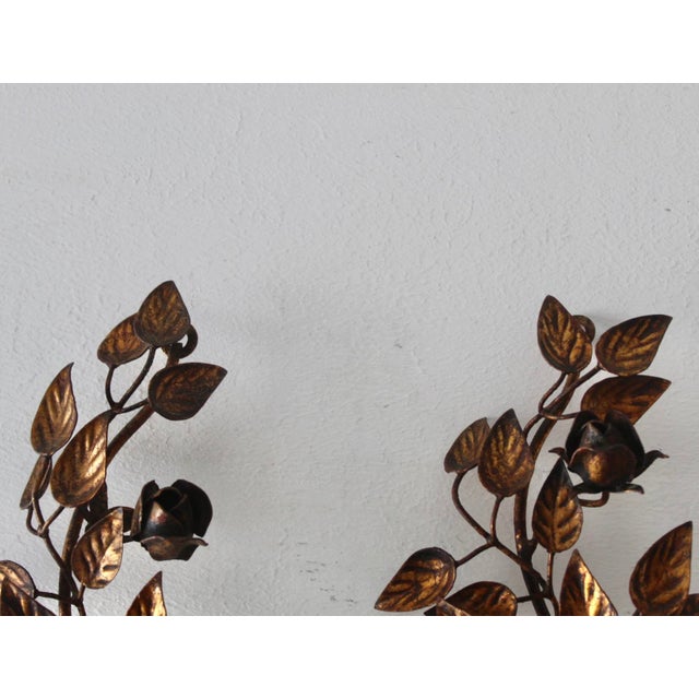 Italian Late 20th Century Hans Kögl Style Gilded Flowers Stems Leaves Wall Mount Candle Holders Sconces - a Pair For Sale - Image 3 of 18
