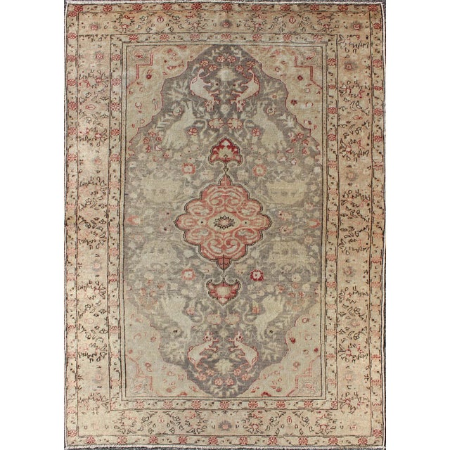 Antique Turkish Oushak Rug With Pale Sage Ground and Central Medallion in Red For Sale In Atlanta - Image 6 of 6