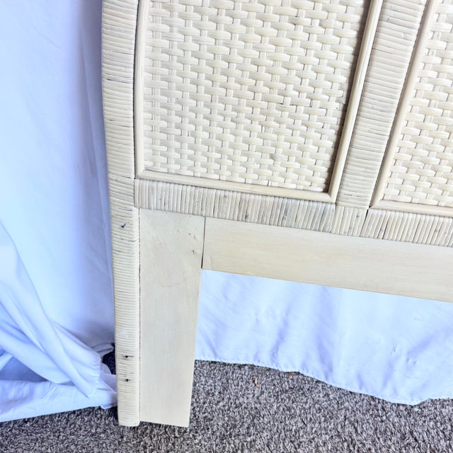 Boho Chic White Washed Wrapped Wicker Twin Headboards - A Pair For Sale - Image 4 of 6