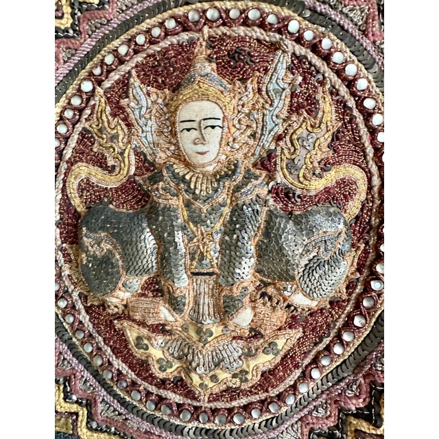 Textile Vintage Burmese Kalaga Embroidered Tapestry With Five Figural Medallions, 40" X 37" For Sale - Image 7 of 18