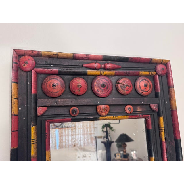Vintage Tribal Folk Art Painted Wood Wall Mirror in Black, Red & Yellow For Sale In Houston - Image 6 of 13