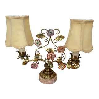 Vintage Gilded French Boudoir Lamp With Porcelain Flowers and Silk Shades For Sale