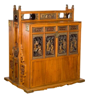 Chinese 19th Century Dowry Chest with Fretwork and Carved Gilt Characters