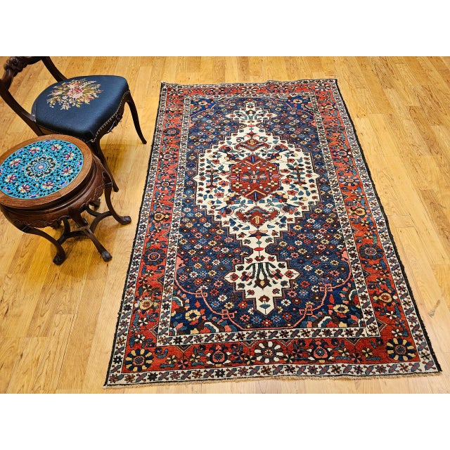Vintage Persian Bakhtiari Bibibaft Rug, Hand-Knotted Wool, Geometric Medallion Design, Vegetable Dyes, Navy & Red, 5x7 For Sale - Image 9 of 18