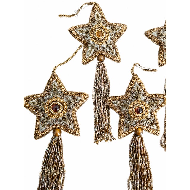 Victorian Set of 6 Embroidered Beaded Star Tassel Christmas Ornaments in Gold & Bronze For Sale - Image 3 of 6