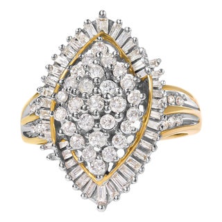 10K Yellow Gold 1.0 Cttw Round and Baguette-Cut Diamond Cluster Ring (I-J Color, SI2-I1 Clarity) - Size 7 For Sale