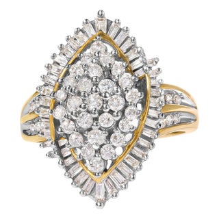 10K Yellow Gold 1.0 Cttw Round and Baguette-Cut Diamond Cluster Ring, Size 7 For Sale