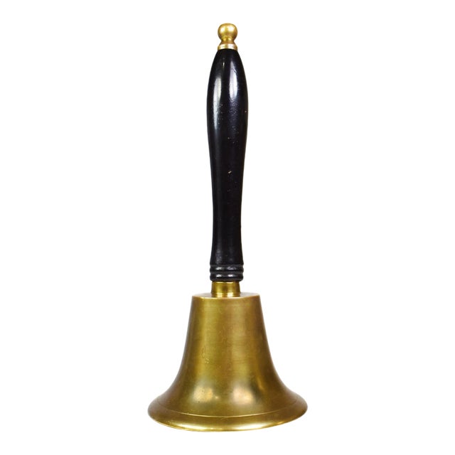 Vintage Tall Brass Church School Teacher Bell With Wooden Handle For Sale