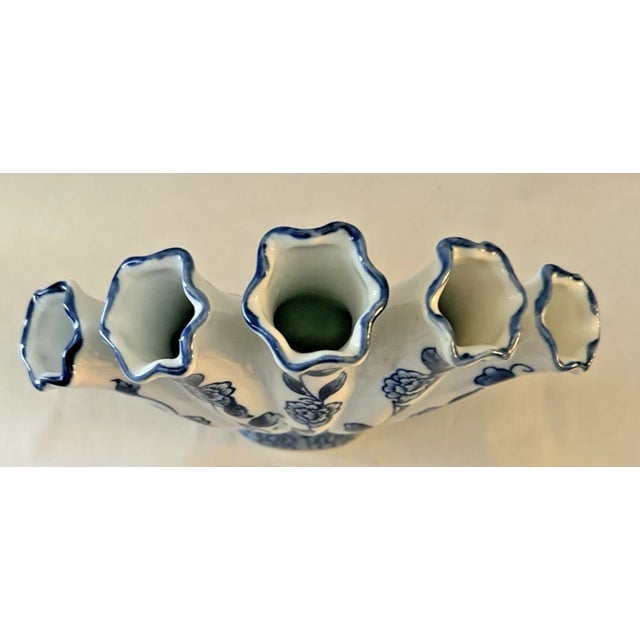 1990s Vintage Bella Casa by Ganz Five Finger Blue and White Bud Vase For Sale - Image 5 of 7