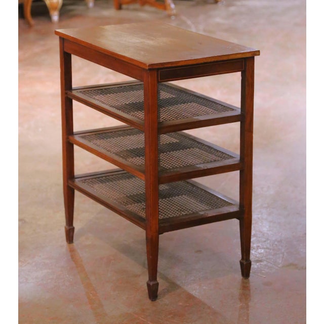 19th Century English Mahogany Inlaid Sliding Trays Side Table With Cane Shelves For Sale - Image 9 of 11
