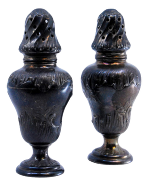 Salt and Pepper Shakers in Embossed Silver, Set of 2
